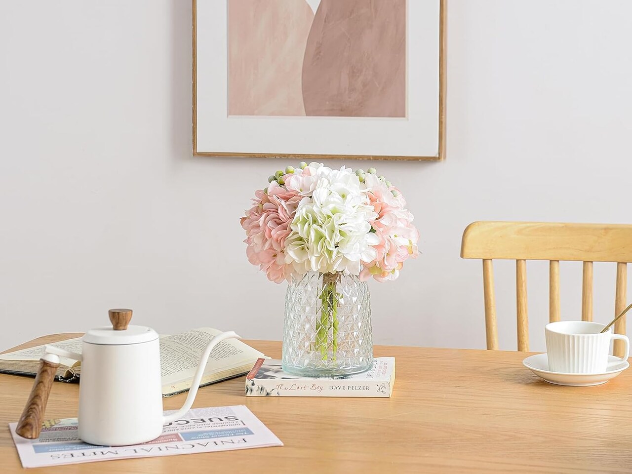 Spring Tabletop Decor – Pink Silk Hydrangea Floral Arrangement in Glass Vase, Artificial Flowers for Home, Office & Dining Table Centerpieces